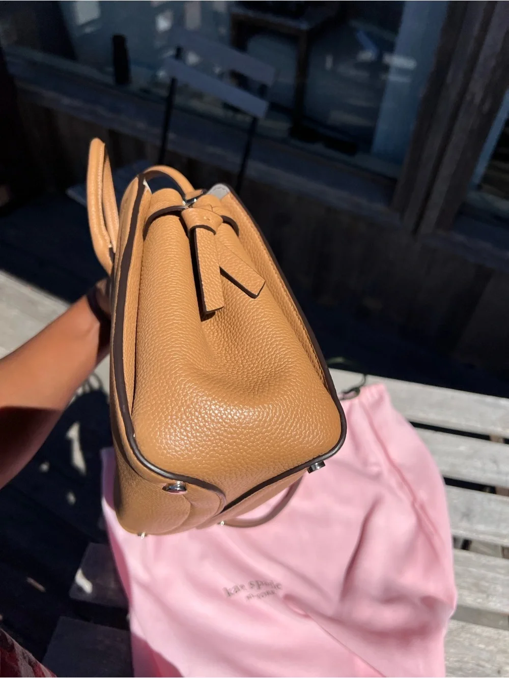 kate spade tan leather satchel with crystal heart charm